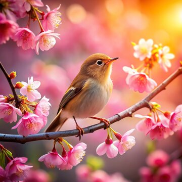 
The image shows a small bird perched on a tree branch covered in pink blossoms. The bird appears happy and serene, chirping a melodious tune. The flowers are in full bloom, adding a touch of breath
