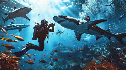 Fototapeta premium Scuba diver surrounded by a variety of marine life, including sharks and tropical fish, in a vibrant underwater setting