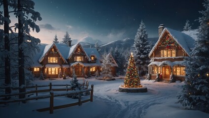 Fototapeta premium Stimmungsvoller Winterspaziergang durch ein beleuchtetes Dorf