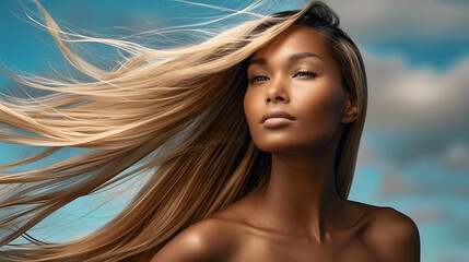 Portrait of Beautiful Blonde Black Woman with Long Straight Wavy Hair Flying in the Wind