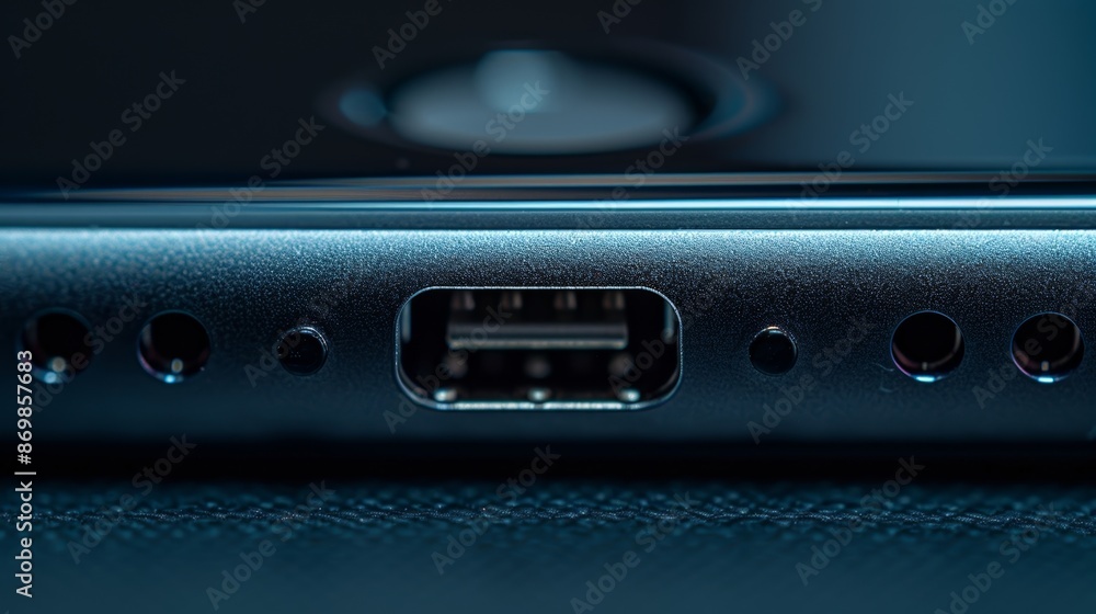 Poster a closeup of a power banks lightning port clearly labeled for compatibility with various devices.