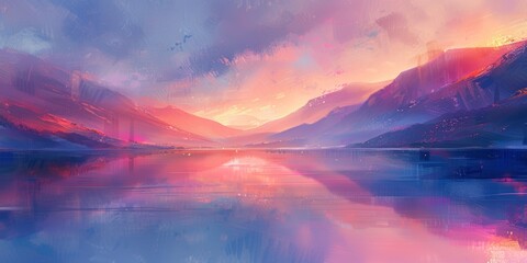 Abstract landscape with lake reflections and mountains at dawn in cool tones