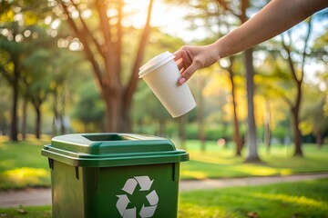 A lone hand discards a used white cup into a green recycling bin in a serene park, promoting environmental responsibility and eco-friendliness.