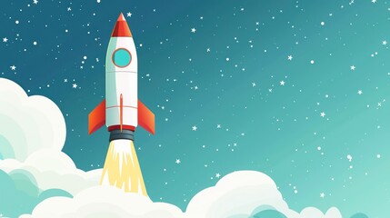 Fototapeta premium A beautifully illustrated colorful rocket launching into a starry night sky, symbolizing adventure, exploration, and aspirations, captured with a whimsical art style.