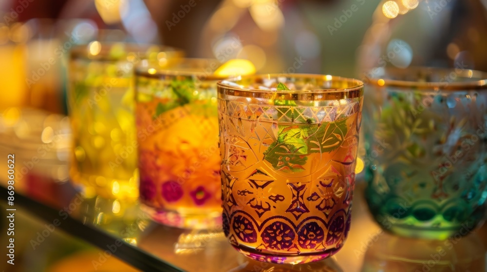 Poster guests sip on cool drinks made with fruits and herbs found only in the desert from intricately patte