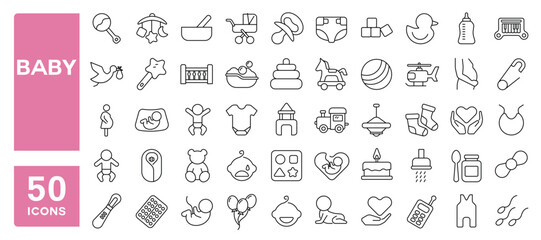 Set of 50 line icons related to baby, pregnancy, motherhood, child care, lactation, Editable stroke. Vector illustration
