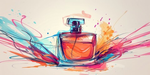 Colorful Perfume Bottle Illustration on Blue Background