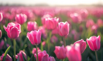 Obraz premium Beautiful field of pink tulips with delicate petals. Vibrant tulips in a dreamy atmosphere with surreal spring lighting.