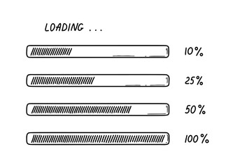 Set of doodle loading bars. Sketch download progress vector illustration, Upload status indicator. Computer user interface design element.