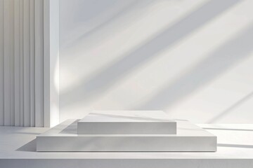 Obraz premium A simple white platform with two levels sits in a minimalist setting, bathed in the soft glow of sunlight streaming through a window