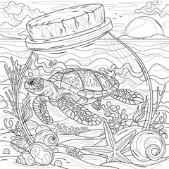 Turtle in a jar on the seashore.Coloring book antistress for children and adults.