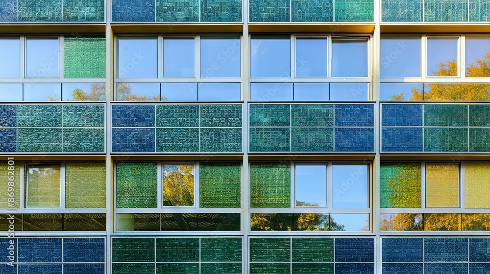 Poster the windows of the multistory building reflect the trees in the windows of another multistory buildi