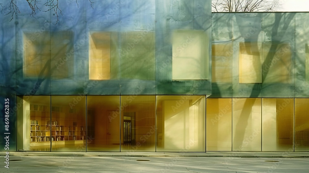 Poster a structure with multiple windows adjacent to it and a tree positioned in front of the building