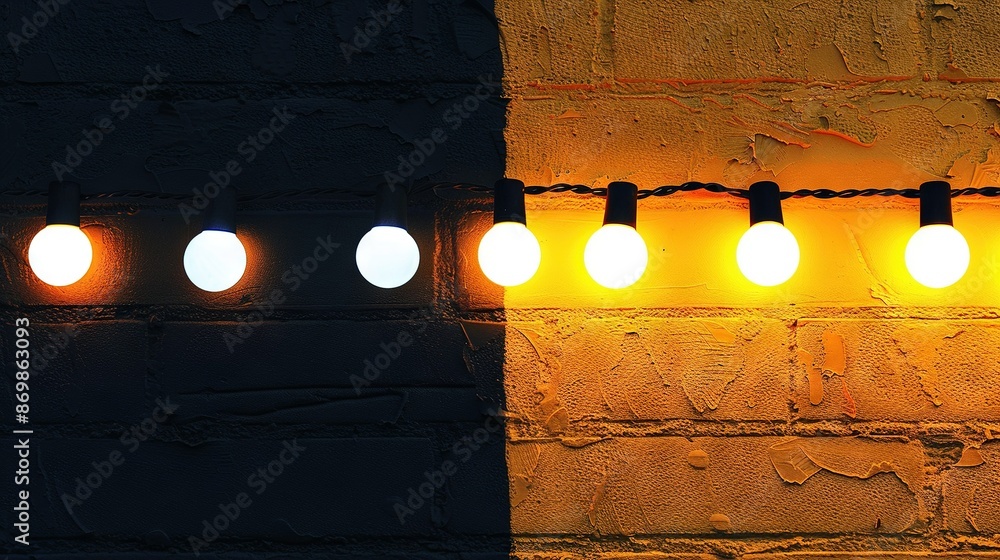 Poster a line of lights on a brick wall alongside a string of lights dangling from it