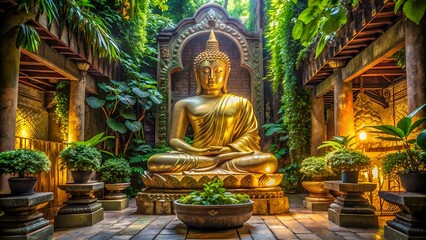 Obraz premium Serenely lit golden Buddha statue sits in tranquil temple surrounded by lush greenery, intricately carved stone walls, and ornate golden decorations.