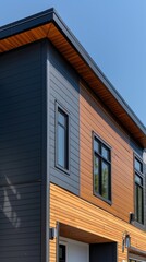 Modern house facade with black and wooden cladding and large windows.