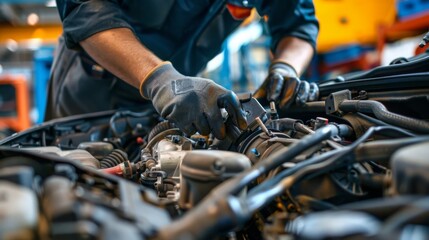 A mechanic wearing black gloves works on a car engine in a garage setting. Their hands are visible as they carefully inspect and adjust components.