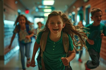 Obraz premium Joyful Children Running Down a School Hallway with Backpacks and Laughter