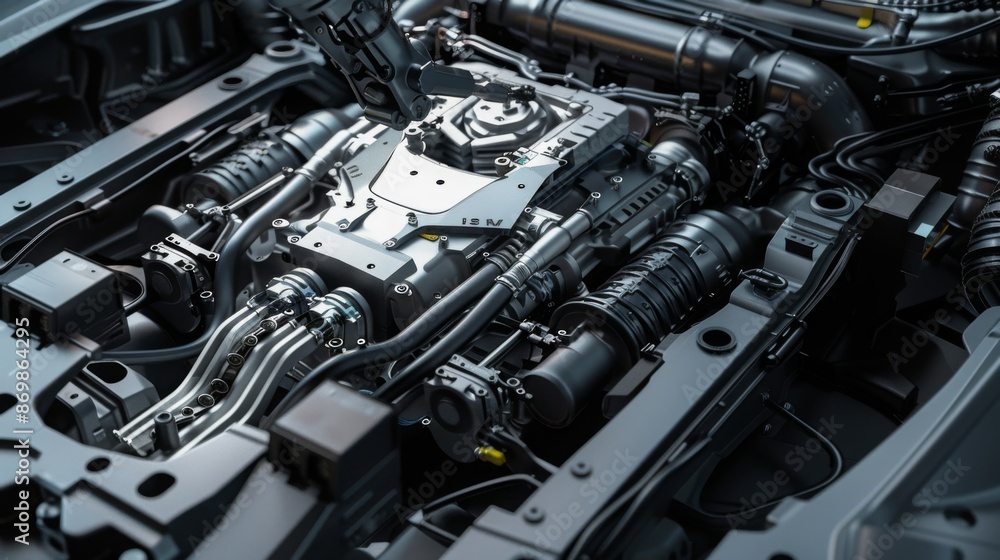 Aufkleber a close-up view of a modern car engine compartment, showcasing the intricate details of the engines 