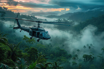 Naklejka premium Military helicopter in active combat zone in jungle. Greeting card for Veterans Day, Memorial Day, Air Force Day.