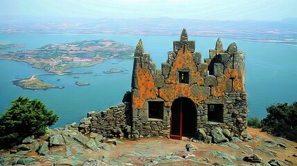   A majestic castle perched atop a mountain, offering panoramic views of a vast expanse of water and a quaint town below