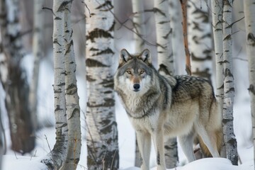 Obraz premium A wolf standing in the woods, surrounded by birch trees, winter time Generative AI