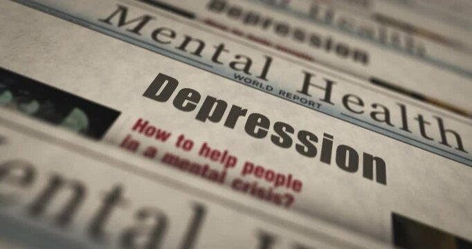 Depression mental health daily news newspaper printing. Abstract concept retro headlines 3d seamless looped.