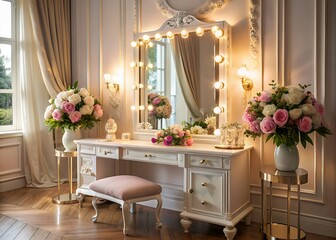 Softly lit, elegant makeup station with luxurious fabrics, flowers, and ornate mirror reflected in a serene, warm, and inviting atmosphere of femininity and beauty.