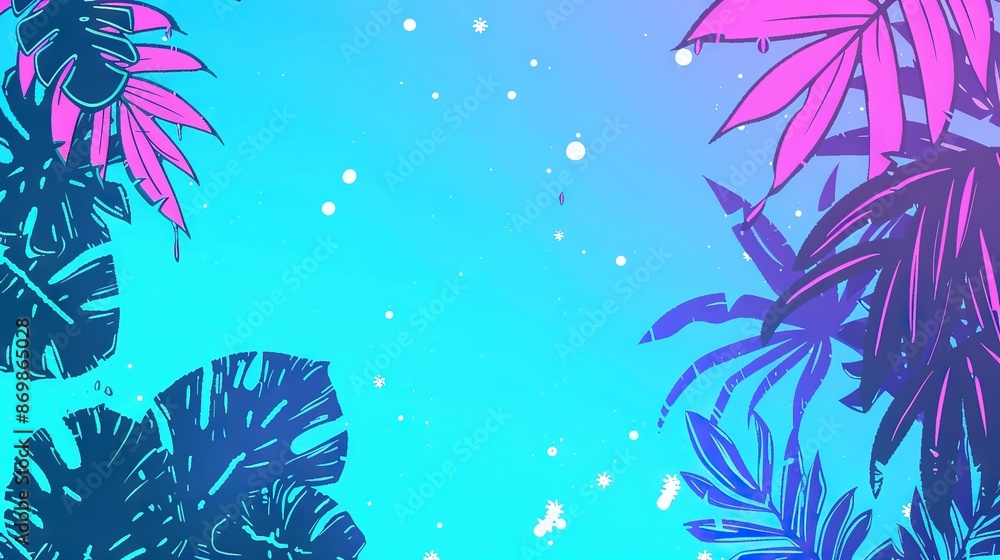 Poster a blue and pink background with palm trees in the foreground and snowflakes on the ground in the bac