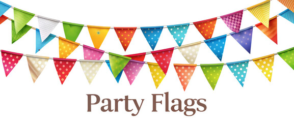 Colorful party flags hanging in rows isolated on transparent background
