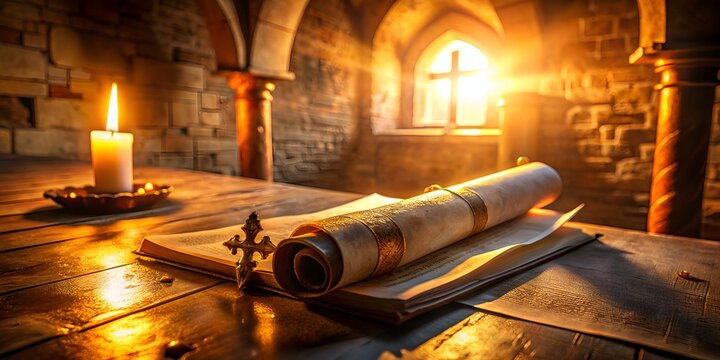 Ancient relic of a secret scroll, engraved with cryptic text, unveiled in a candlelit chamber of the Templar knights, bathed in golden hour warmth with lens flare.