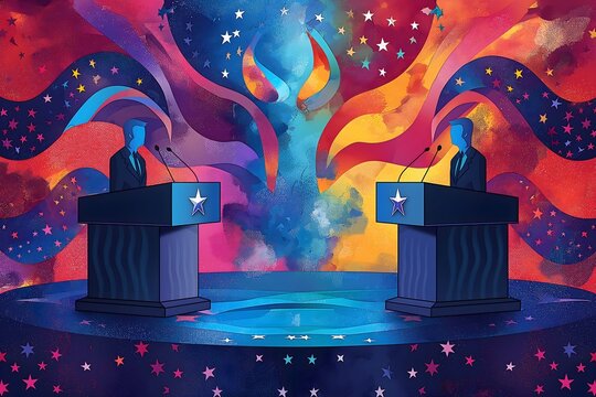 Colorful illustration of two politicians at podiums, set against a backdrop of swirling stars and abstract designs. The background features patriotic colors and motifs.