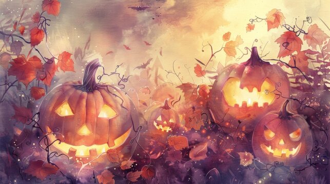 A whimsical illustration of glowing jack olanterns surrounded by fallen autumn leaves