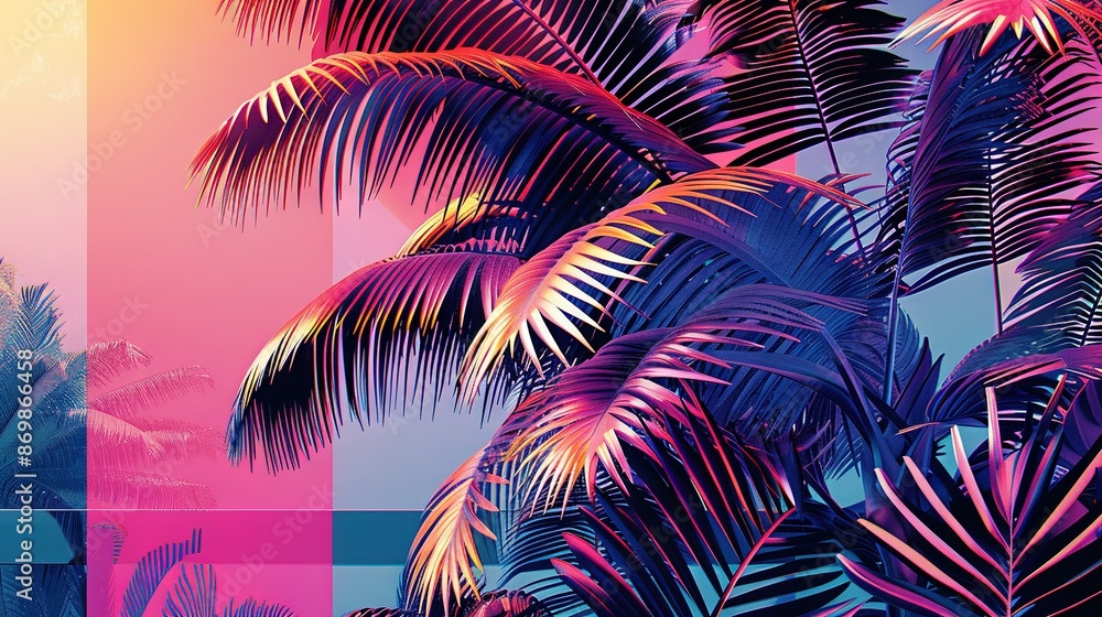 Poster a palm tree in front of a pink and blue backdrop with palm trees in the foreground