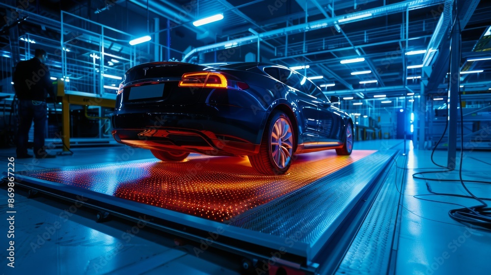 Aufkleber A black sedan rests on a platform illuminated with a grid of red lights. The car is in a factory setting, possibly undergoing testing.
