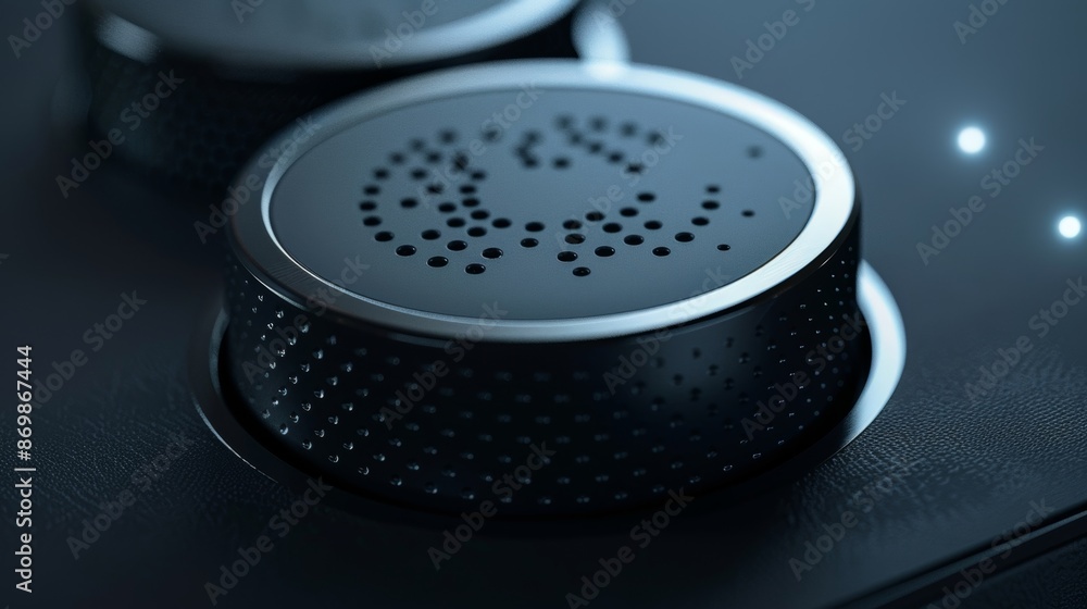 Poster macro shot of the sleek design of a home assistant device highlighting the touchsensitive buttons an