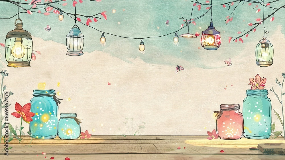 Poster a lantern-laden tree with flowers in the foreground and a bird perched on a branch in the background