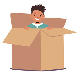 Happy Cartoon Child Demonstrating Prepositions Of Place By Standing Inside A Large Cardboard Box, Vector Illustration