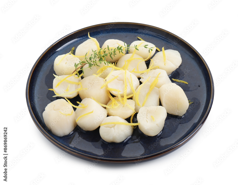 Poster Raw scallops with thyme and lemon zest isolated on white - Posters