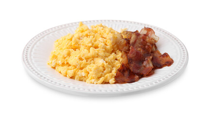 Delicious scrambled eggs with bacon on plate isolated on white