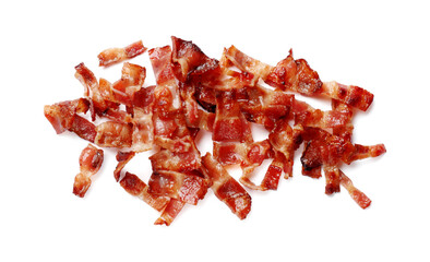 Slices of tasty fried bacon isolated on white, top view