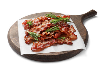 Slices of tasty fried bacon with rosemary isolated on white