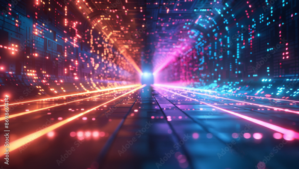 Poster vibrant neon lights form an abstract grid pattern on a dark background, with floating digital symbol