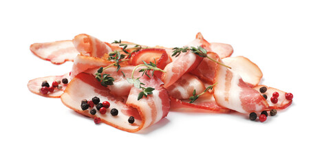 Slices of raw bacon, microgreens and peppercorns isolated on white