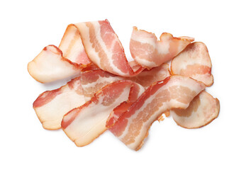 Slices of raw bacon isolated on white, top view