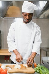 Portrait of happy African American male chef standing in restaurant kitchen