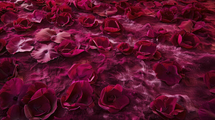 Crimson-red flowers scattered on a matching rich, velvety fabric, creating a luxurious and romantic atmosphere. Various petal shapes showcase intricate textures.