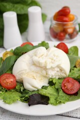 Delicious fresh burrata salad on white table, closeup