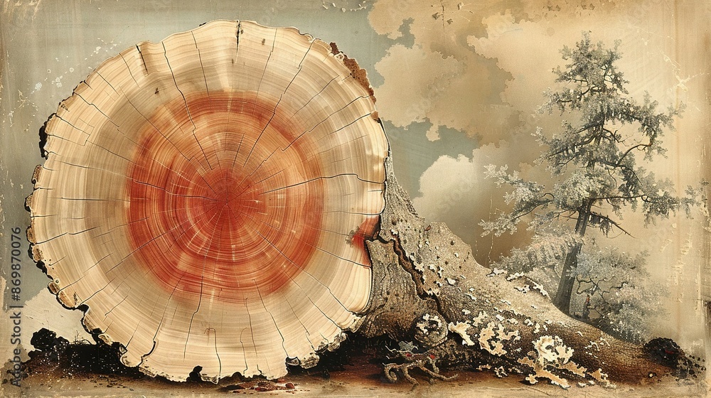 Poster   A painting of a tree trunk with a red circle in its center and a pine tree in the backdrop