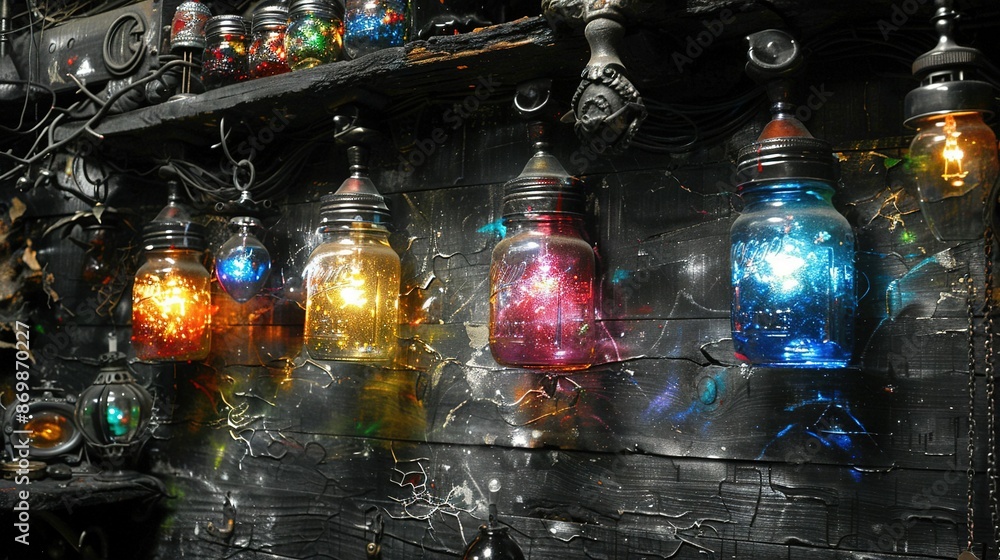 Poster vibrant string lights dangling from a wooden panel and colorful bulbs stacked on a nearby bookshelf